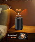 Compact black Portable 1500W Space Heater With PTC Ceramic Heating on nightstand highlighting quiet fan modes.