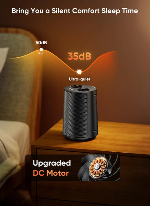 Compact black Portable 1500W Space Heater With PTC Ceramic Heating on nightstand highlighting quiet fan modes.
