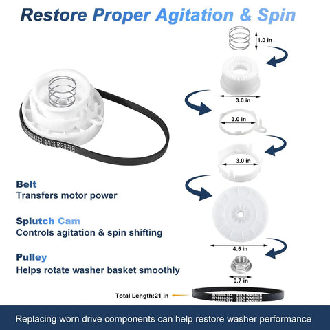 Washer Pulley Clutch Kit With Drive Belt And Splutch Cam Kit For Top Load Washers replacement includes W10006384 belt