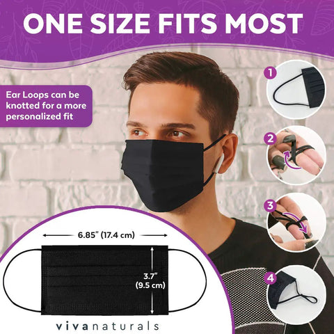 Person wearing Ultra Thick 4-Ply Black Disposable Face Mask, adjustable metal nose strip, illustrated earloop adjustments