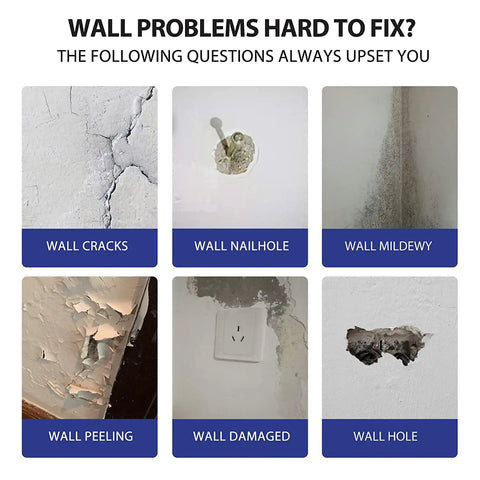 Image showing wall repair problems such as cracks, nail holes, mildew, peeling, damage, and holes, relevant to Spackle Wall Repair Kit For Drywall DIYers Fix Cracks Nail Holes Graffiti With Mending Agent Putty Scrapers Nozzle Extender And Sanding Sponge Safe Formaldehyde Free Streak Free Finish Easy To Use.