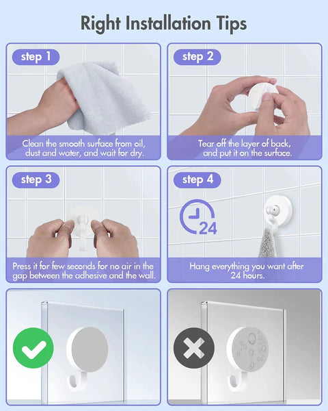 Installation guide for Heavy Duty No Drill Adhesive Hooks Set 3 Pound Capacity Damage Free White 6 Pack Self Stick Hangers.