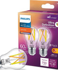 LED A15 60W Equivalent 2 Pack Soft White 2700K 750 Lumens Dimmable Flicker Free Light Bulbs Ultra Definition CRI95 box and single bulb