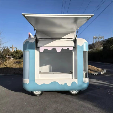 Front view of Fully Equipped Mobile Food Trailer Kitchen for Fast Food And Dessert Concession Cart at event.