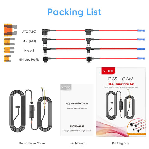 Packing list for Type C HK6 Hardwire Kit With 8 Piece Fuse Tap for A329S and A119M Pro showing cables and user manual