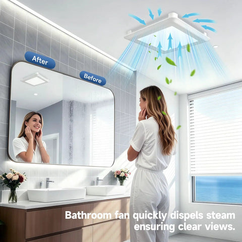 Butter Smooth 80 Cfm Bathroom Exhaust Fan With Bright Led Light And Five Dialable Warmth Levels installed in modern bathroom clearing steam.