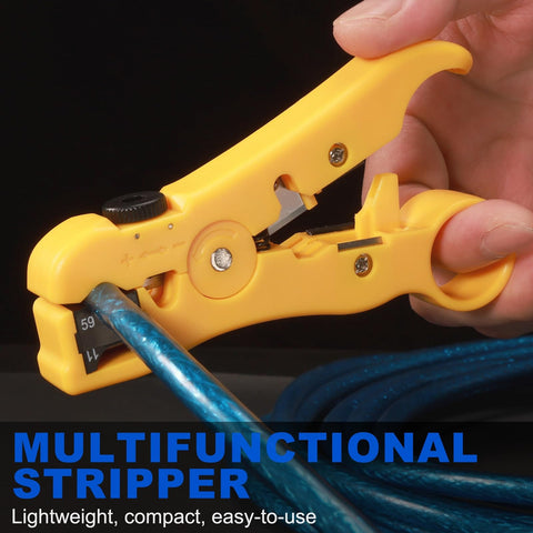 Yellow coax cable stripping tool in use