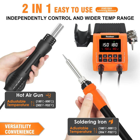 2-In-1 Soldering Station And Hot Air Rework Kit With Dual Channel Control, Pro Grade, showing hot air gun and soldering iron