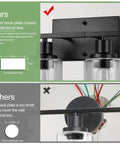 Comparison image showing larger back plate of Sleek Matte Black Four Light Bathroom Vanity Wall Lamp With Thick Clear Glass Shades for wall coverage.