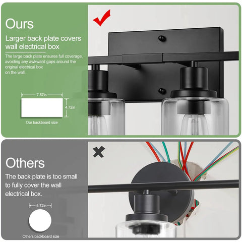 Comparison image showing larger back plate of Sleek Matte Black Four Light Bathroom Vanity Wall Lamp With Thick Clear Glass Shades for wall coverage.