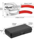 Heavy Duty Metal Hole Punch Kit with Chrome Vanadium Steel Punches and red handles with black storage case dimensions shown.