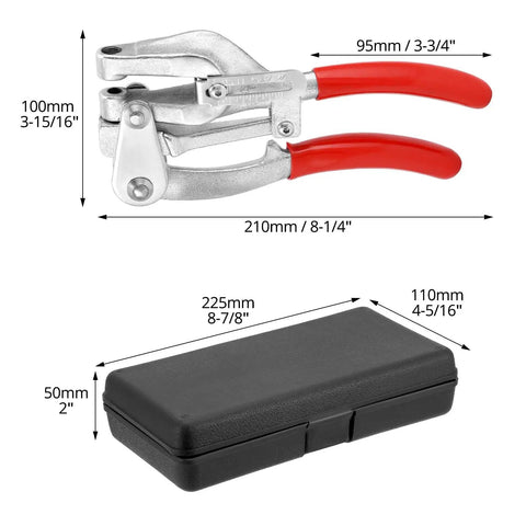 Heavy Duty Metal Hole Punch Kit with Chrome Vanadium Steel Punches and red handles with black storage case dimensions shown.