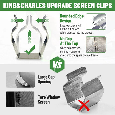 Comparison of King&Charles upgrade screen clips for window screens with rounded edge design for better fit.