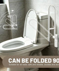 Top Shelf 22.5 Inch Toilet Grab Bar U Shaped Flip Up Safety Rail With Built In Toilet Paper Holder Heavy Duty Stainless Steel Bath Support Handle shown in folded position near toilet.