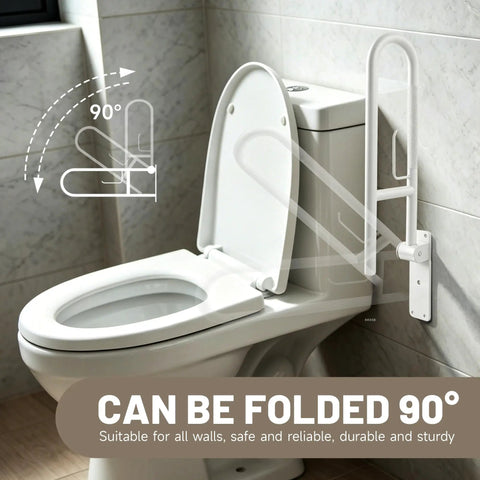 Top Shelf 22.5 Inch Toilet Grab Bar U Shaped Flip Up Safety Rail With Built In Toilet Paper Holder Heavy Duty Stainless Steel Bath Support Handle shown in folded position near toilet.