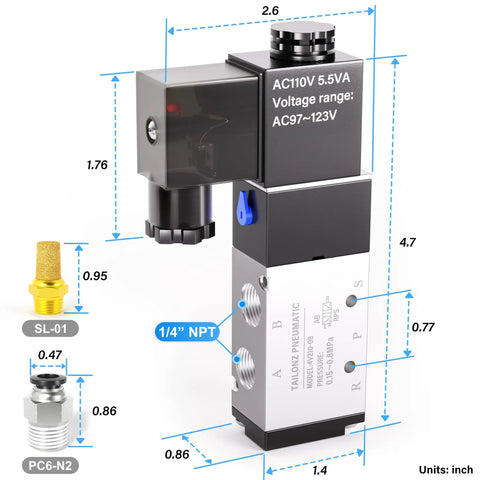 Diagram of Two Position Five Way Solenoid Valve Junction Box Pilot Operated Pneumatic Electric Control with AC 110V Supply