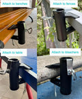 Beefy Heavy Duty Patio Umbrella Clamp Holder For Fences And Decks Ultra Tough Metal Umbrella Mount Bracket attached to benches, fences, tables, bleachers.