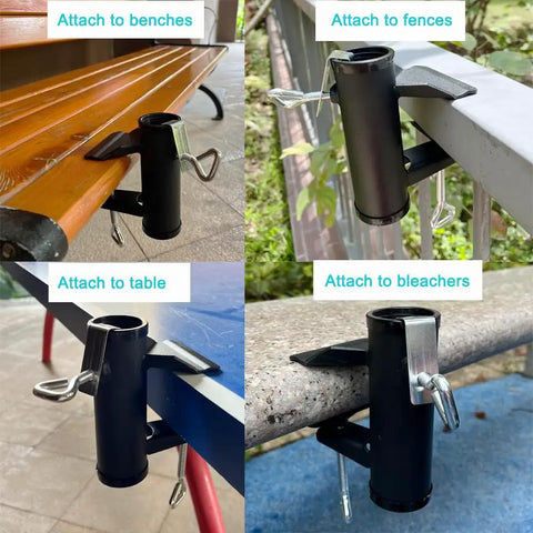 Beefy Heavy Duty Patio Umbrella Clamp Holder For Fences And Decks Ultra Tough Metal Umbrella Mount Bracket attached to benches, fences, tables, bleachers.