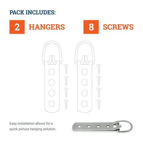 Beefy Heavy Duty D Ring Picture Hangers 2 Pack With Screws 200 Lb Capacity 6.5 Inch Steel Strap Hooks diagram and components