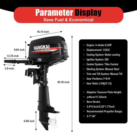 4 Stroke 6.5 Hp Outboard Motor For Boats With CDI Ignition, 123cc Water Cooled Short Shaft, detailed view with specifications