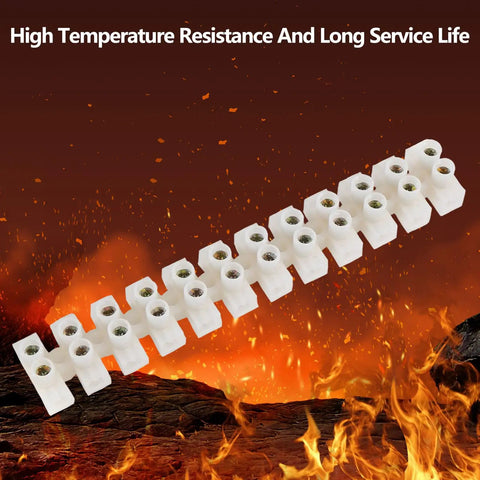 10 Pack 12 Position Dual Row Screw Terminal Block Set For Home DIY Projects 10 Amp 380V Electric Barrier in flame background