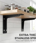 Beefy Heavy Duty L Shelf Brackets 1 Pair Matte Black Stainless Steel Floating Shelf Mounts With 9.4 13.4 Or 19.3 Inch Options, 4.2mm Thick Wall Plate For Wood Shelves Kitchen And Bedroom Storage Decor mounted under wooden kitchen shelf with decor items.