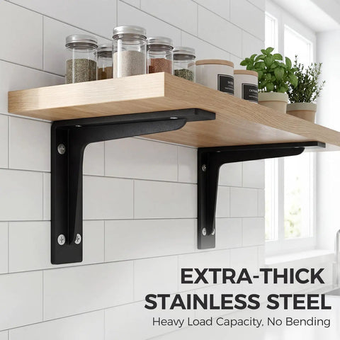 Beefy Heavy Duty L Shelf Brackets 1 Pair Matte Black Stainless Steel Floating Shelf Mounts With 9.4 13.4 Or 19.3 Inch Options, 4.2mm Thick Wall Plate For Wood Shelves Kitchen And Bedroom Storage Decor mounted under wooden kitchen shelf with decor items.