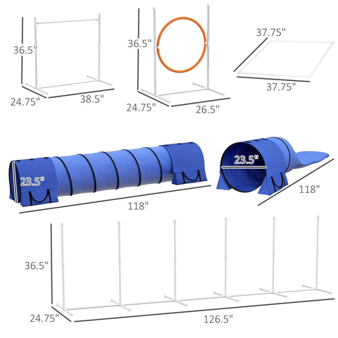 Agility Training Gear For Pets And Pups With Tunnels, Weave Poles, Adjustable Hurdles, Jumping Ring, Dimensions Included
