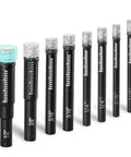 Dry Diamond Drill Bits Set For Tile And Stone, 8 Pc With Integrated Coolant, sizes 3/16 to 1/2 inch, displayed vertically.