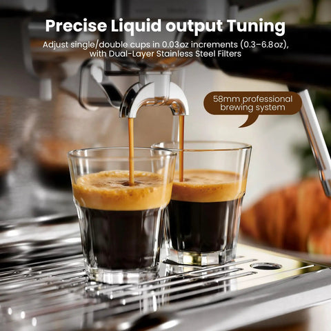 Professional Dual Boiler Espresso Machine With Integrated Grinder And Auto Milk Steamer Delivering Real Deal 20 Bar Pressure For Your Ultimate Daily Grind Setup espresso flowing into two glasses with stainless steel filters.