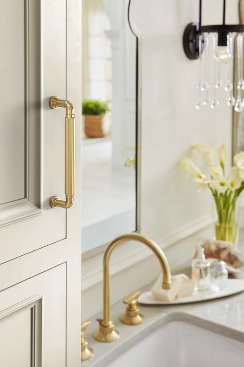 Cowrie Champagne Bronze Cabinet Pull Five And One Sixteenth Inch Center To Center Measurement for Cabinets and Drawers installed on cabinet