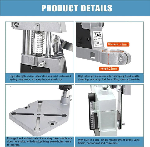 Portable Floor Drill Press Stand With Aluminum Alloy Frame And Large Anti-Shake Base For Hand Tools Repair, showing detailed clamping and base features.