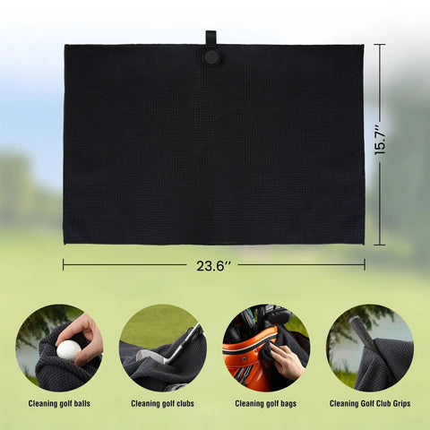 Magnetic Golf Towel 23.6x15.7 Inches Large Dual-Sided Microfiber And Scrub Towel With Waffle Weave, shown cleaning golf items