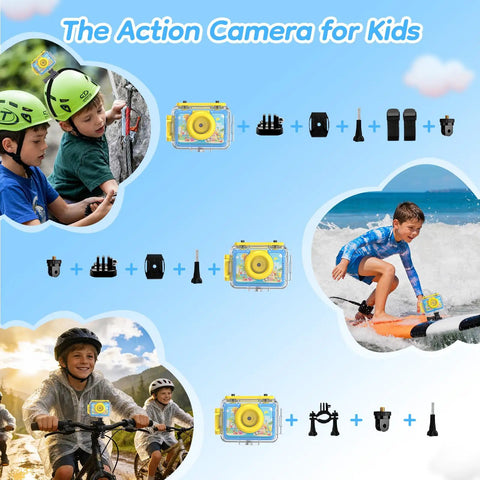 Pool Toy And Underwater Camera For Kids 99ft Waterproof Action Camera With 1080P Video And 20MP Photos Flip Lens Includes 32GB Card For Diving Swimming Beach Snorkeling A Fun Birthday Gift For Boys, shown with accessories and kids using it outdoors.