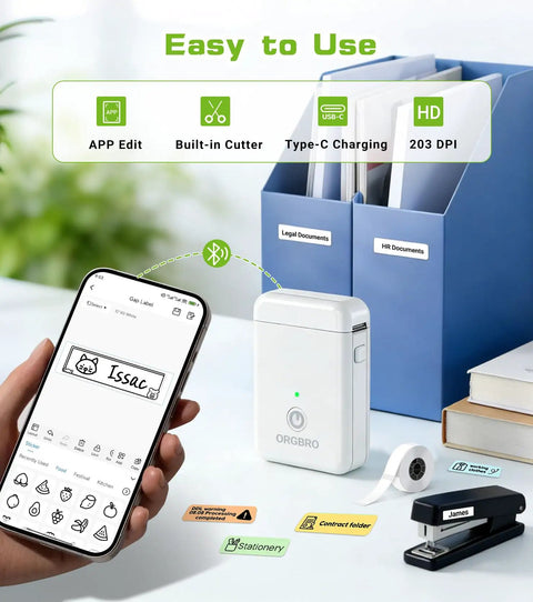 Slick Portable Bluetooth Label Maker With Included Tape, Compact Mini Label Printer shown with smartphone and labels for organization.