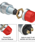 Waterproof Push Button Starter Switch 12V 24V 50A For Cars Boats Trucks And Tractors Engines With Neoprene Cover Momentary SPST Off To On Red Finish Built Tough Heavy Duty, red button, side view with terminals