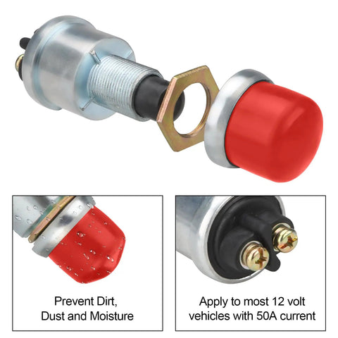 Waterproof Push Button Starter Switch 12V 24V 50A For Cars Boats Trucks And Tractors Engines With Neoprene Cover Momentary SPST Off To On Red Finish Built Tough Heavy Duty, red button, side view with terminals