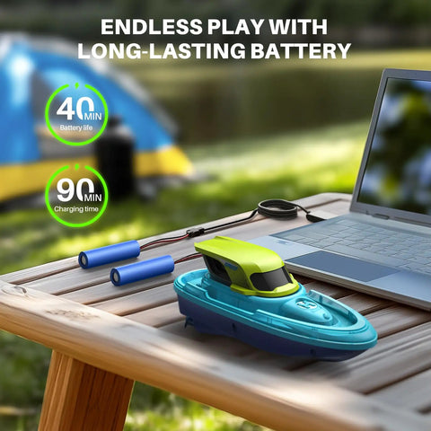 Dual RC Boat Battle Pack For Kids 8 To 12 With LED Lights, boat charging near laptop, batteries, outdoor setup
