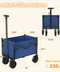 Collapsible Wagon With All Terrain Wheels 220 Lbs Capacity Heavy Duty Portable Cart showing dimensions and blue fabric.