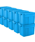 Heavy Duty Stackable Storage Bins 18 Gallon Plastic Totes With Lids And Handles Heritage Blue 10 Pack, stacked for garage organization.