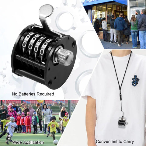 Two Pack Heavy Duty Metal Tally Click Counter Four Digit Mechanical Handheld Tracker With Secure Nylon Lanyard, showcasing battery-free operation.