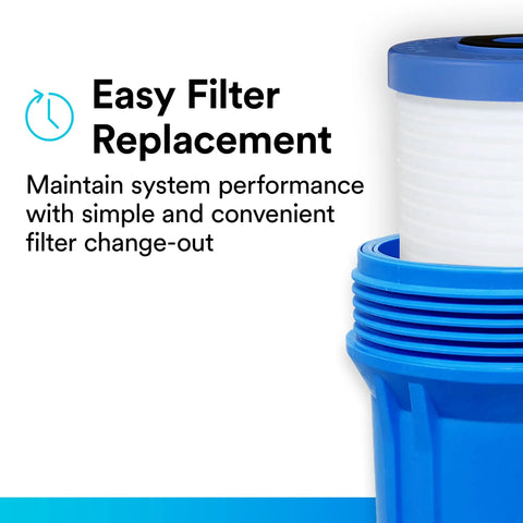 Easy Swap Whole House Water Filter Replacement AP810 For Aqua-Pure AP801 Series, blue filter housing close-up.