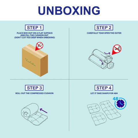 Unboxing steps for All Weather Tufted Wicker Chair Cushions Set with loveseat and U shape cushions.