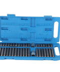40 Piece Star Spline Hex Socket Bit Set With One Half Inch And Three Eighth Inch Square Drive, Blue Toolbox Included, open case view
