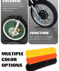 Universal 72 Piece Spoke Covers Set For 8 To 21 Inch Rims Wheel Skins Wraps shown on motorcycle wheel.