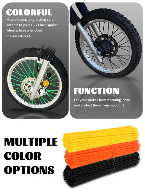 Universal 72 Piece Spoke Covers Set For 8 To 21 Inch Rims Wheel Skins Wraps shown on motorcycle wheel.