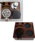 This Dead Easy Acacia Wood Coffee Tamper Station Keeps Your Espresso Gear Tidy And Quick To Grab Featuring Grippy Rubber Pads For A Zero Mess Brew Setup That Really Hits The Spot For Your Everyday Coffee Game - overhead view showing compartments and tools.