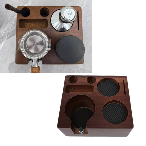 This Dead Easy Acacia Wood Coffee Tamper Station Keeps Your Espresso Gear Tidy And Quick To Grab Featuring Grippy Rubber Pads For A Zero Mess Brew Setup That Really Hits The Spot For Your Everyday Coffee Game - overhead view showing compartments and tools.