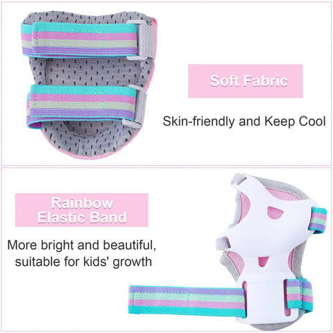 Close-up of pink all-in-one kid protective gear wrist guard with rainbow elastic band and perforated soft fabric.
