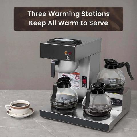 12-Cup Commercial Drip Coffee Maker With Three Lower Warmers And Glass Decanters, Stainless Steel Finish, No Plumbing Needed